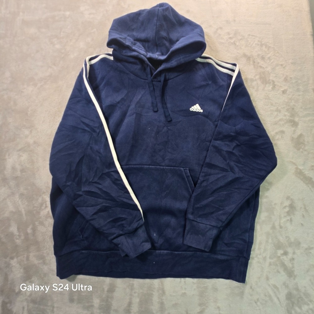 Adidas Hoodie Mens 2XL Navy Blue 3 Stripe Cozy Running Workout Kangaroo Pockets